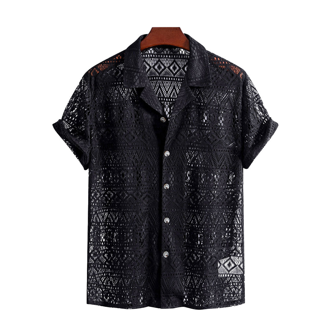 Short Sleeve Geometry Textured Cuban Shirt