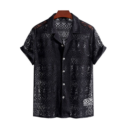 Short Sleeve Geometry Textured Cuban Shirt