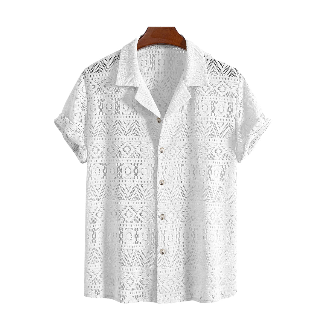 Short Sleeve Geometry Textured Cuban Shirt